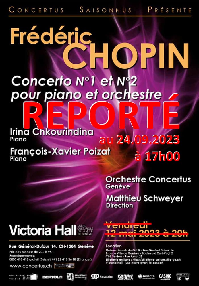 Concert reporté au 24.09.2024 à 17h; Orchestre Concertus; Irina Chkourindina, piano; François-Xavier Poizat, piano